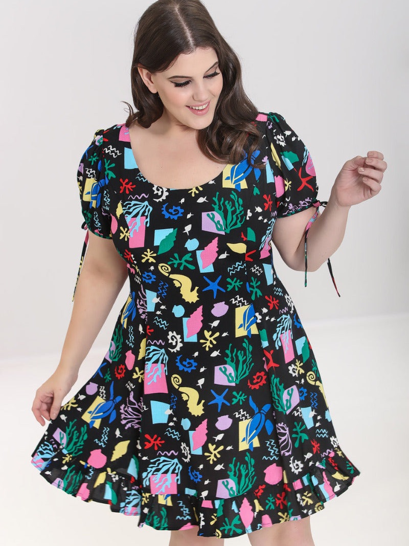 Plus Size Black Multicolor Printed Puff-Sleeve Hell Bunny ‘Cora’ Dress